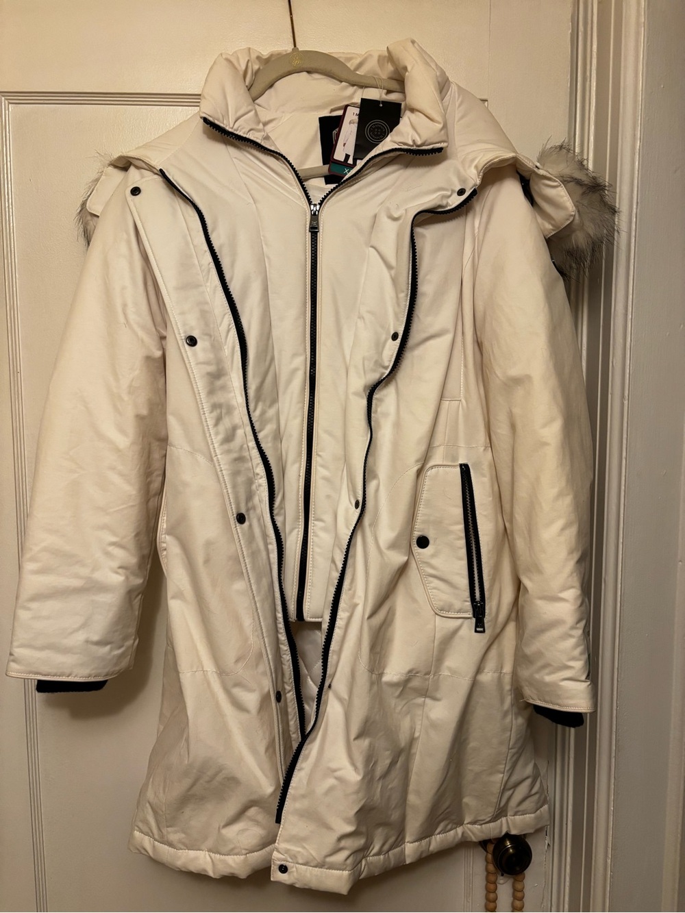 Madison Cream Ladies Parka with grey and black fur hood
